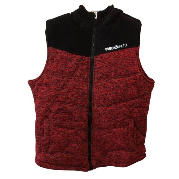 Ecko Unltd Mens Medium Red Black Heather Full Zip Hooded Hood Puffer Vest Size M - Picture 1 of 8